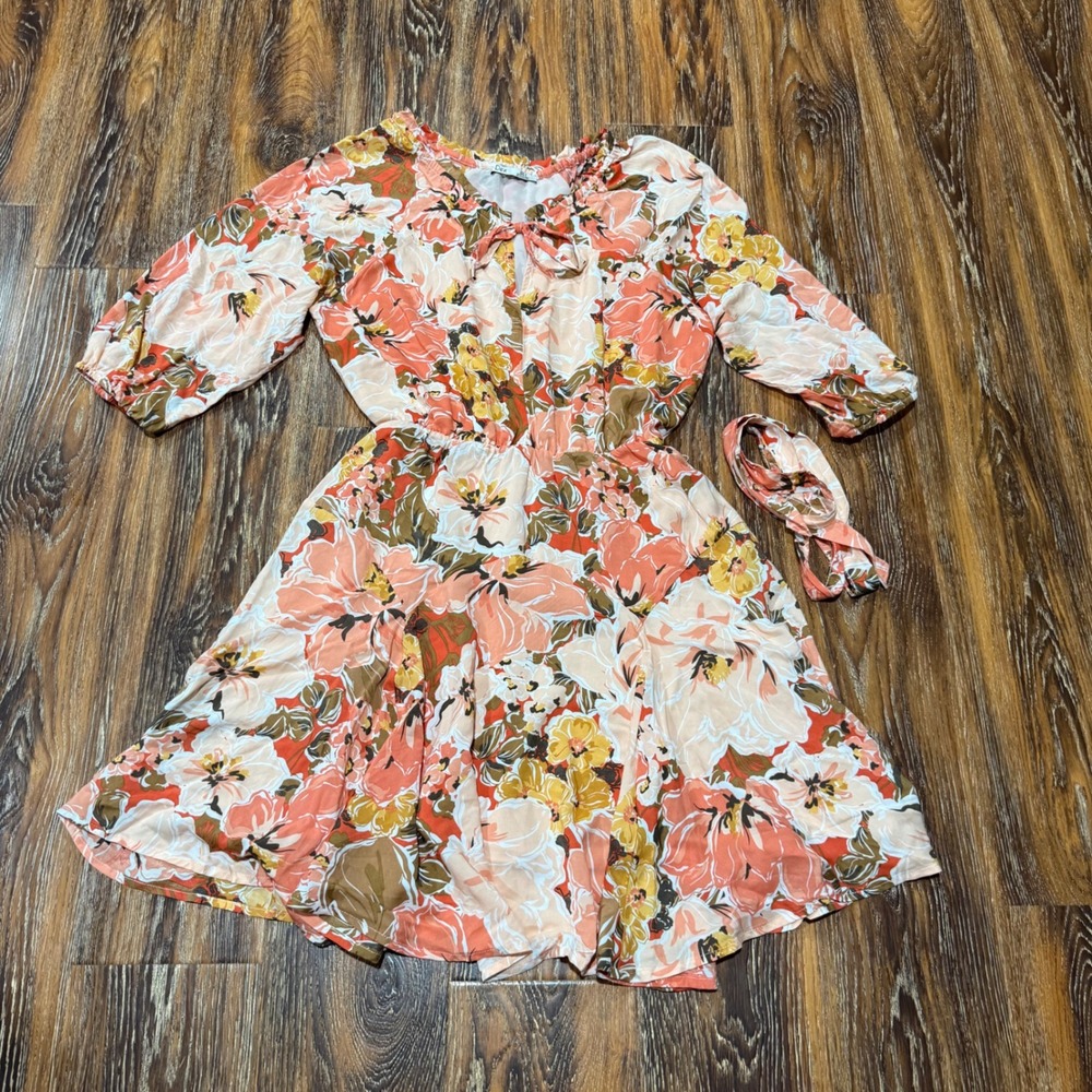 Dex Floral Mini Dress Womens Small Peach Orange Tie 3/4 Sleeve Elastic Waist S